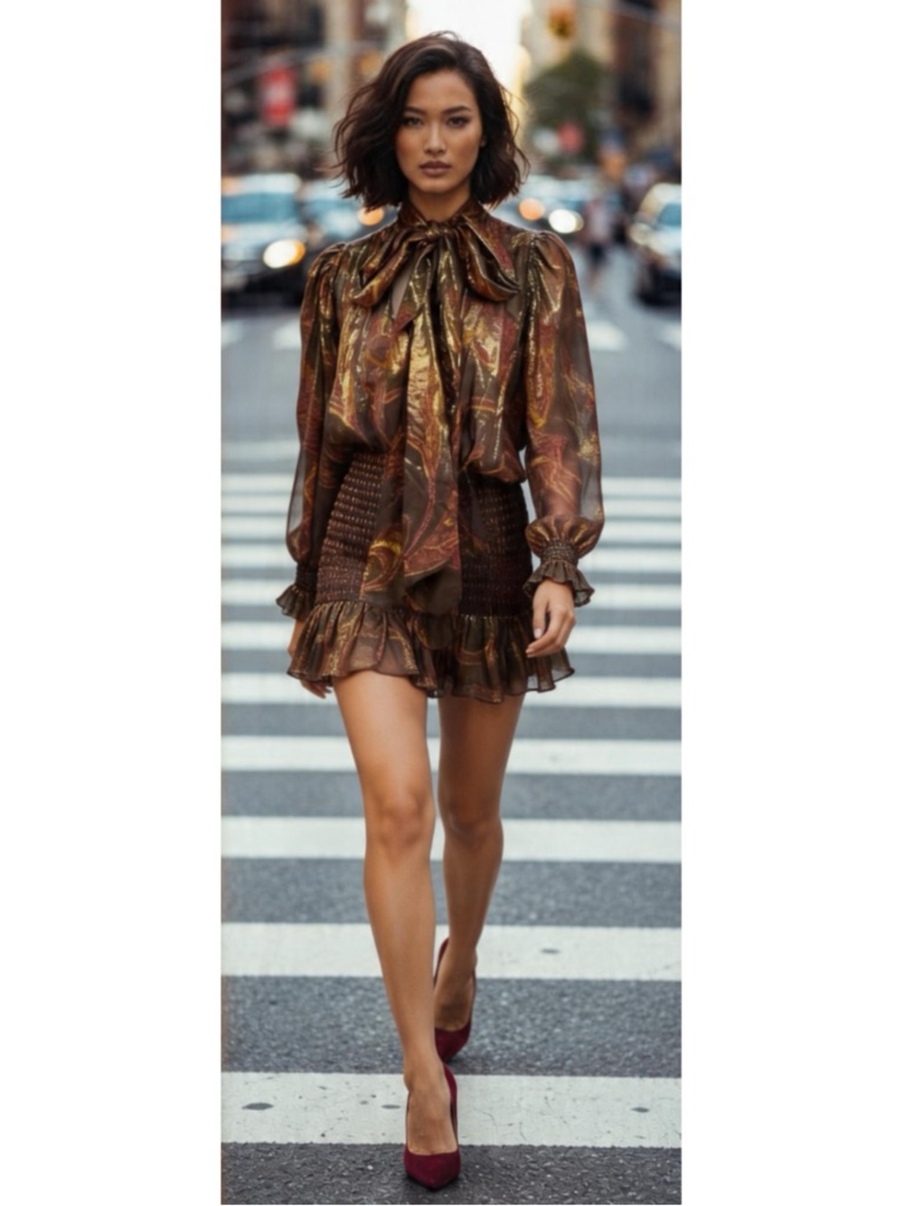 RETROFETE Paisley Long Sleeve Metallic Sheer Gold Mini Dress Size Small